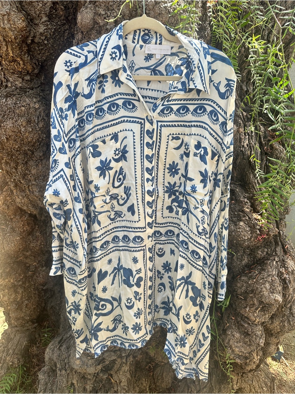 Corey Lynn Calter Blue and Cream Floral-Print Button Shirt